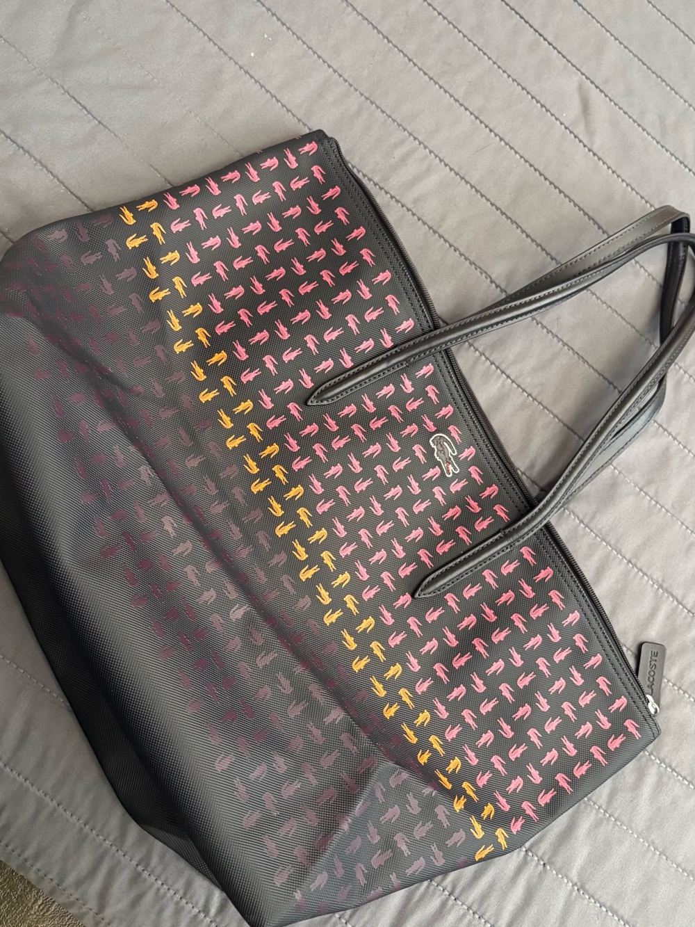 Lacoste Black Tote with Pink & Yellow Crocodile Motif